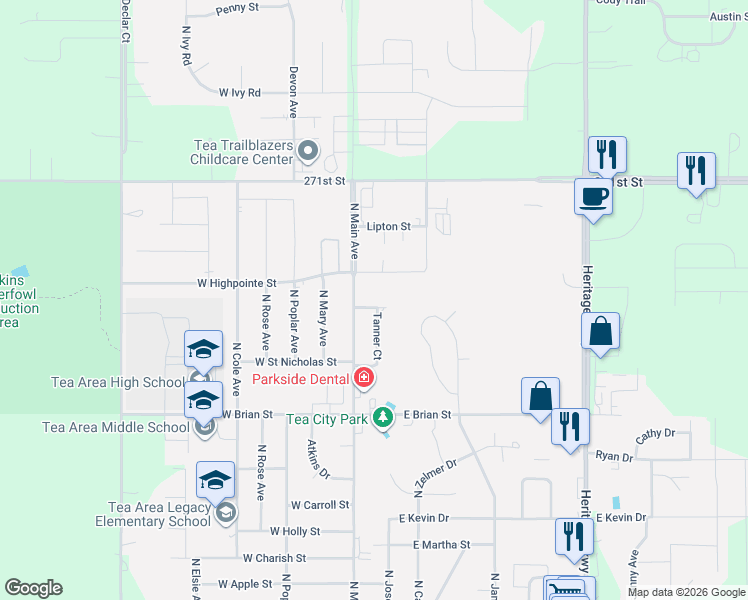 map of restaurants, bars, coffee shops, grocery stores, and more near 115 West High Point Street in Tea