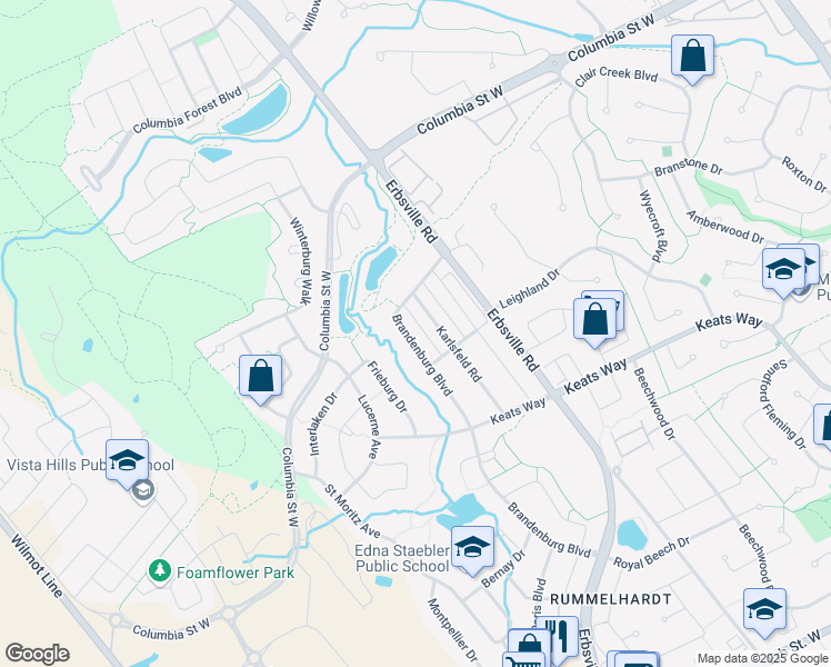 map of restaurants, bars, coffee shops, grocery stores, and more near 711 Brandenburg Boulevard in Waterloo