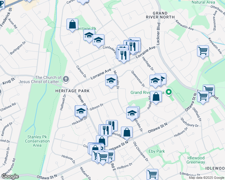 map of restaurants, bars, coffee shops, grocery stores, and more near 124 Hudson Crescent in Kitchener