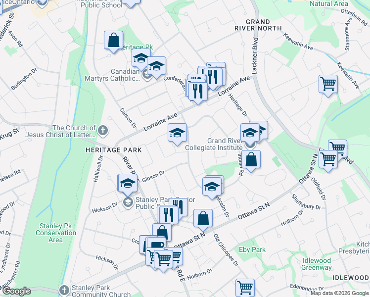 map of restaurants, bars, coffee shops, grocery stores, and more near 130 Hudson Crescent in Kitchener