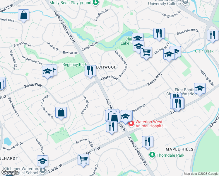 map of restaurants, bars, coffee shops, grocery stores, and more near 407 Keats Way in Waterloo