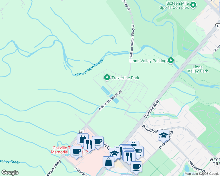 map of restaurants, bars, coffee shops, grocery stores, and more near 3118 Travertine Drive in Oakville