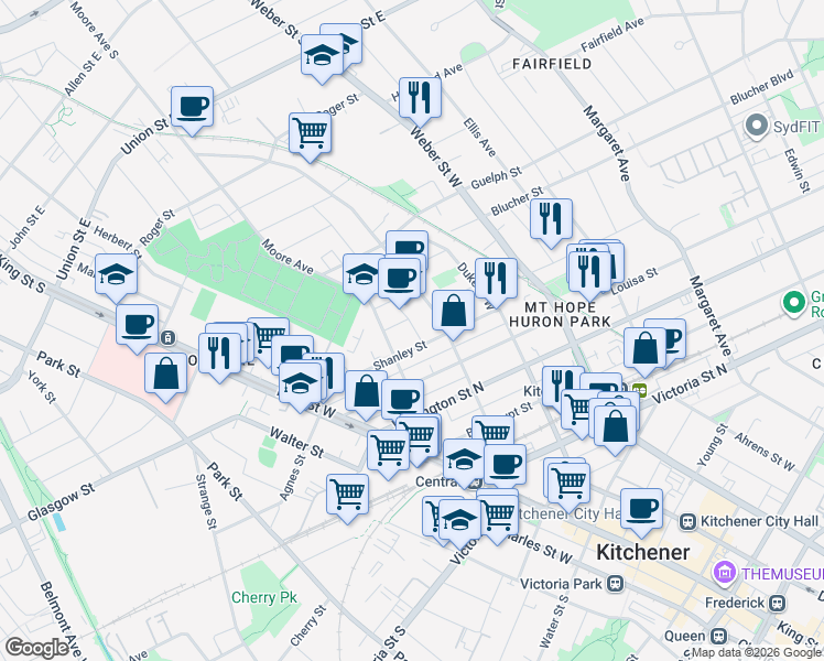 map of restaurants, bars, coffee shops, grocery stores, and more near 20 Dekay Street in Kitchener