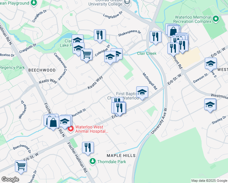 map of restaurants, bars, coffee shops, grocery stores, and more near 42 Amos Avenue in Waterloo