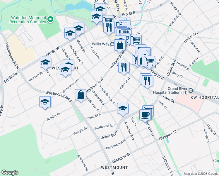 map of restaurants, bars, coffee shops, grocery stores, and more near 94 Norman Street in Waterloo
