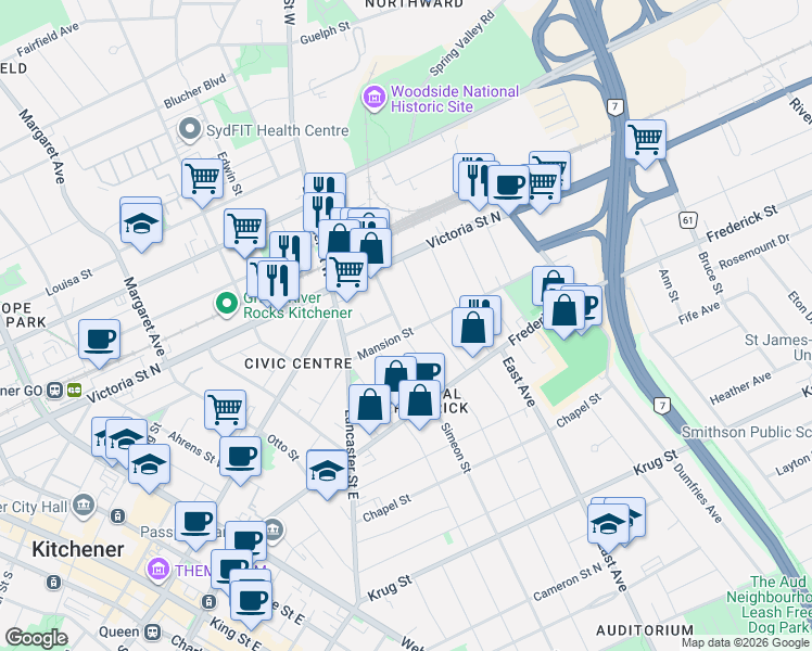 map of restaurants, bars, coffee shops, grocery stores, and more near 43 Locust Street in Kitchener