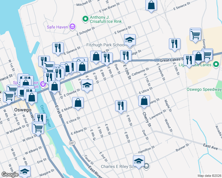 map of restaurants, bars, coffee shops, grocery stores, and more near in Oswego