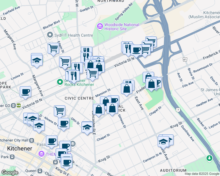 map of restaurants, bars, coffee shops, grocery stores, and more near 43 Locust Street in Kitchener