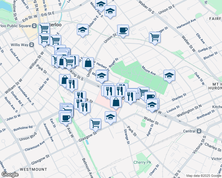 map of restaurants, bars, coffee shops, grocery stores, and more near 23 Dodds Lane in Kitchener