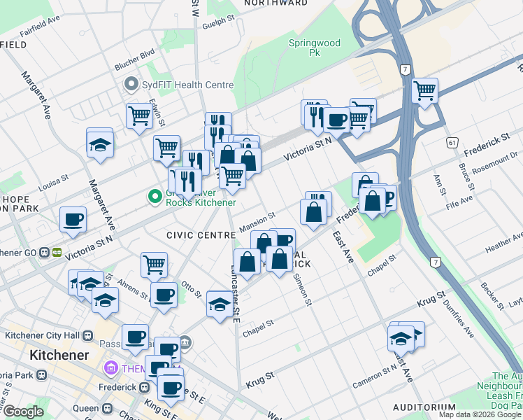 map of restaurants, bars, coffee shops, grocery stores, and more near 57 Chestnut Street in Kitchener