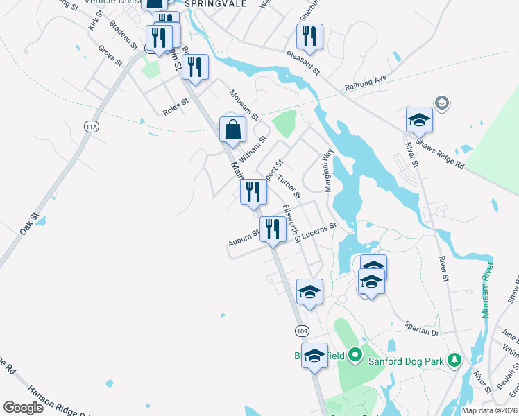 map of restaurants, bars, coffee shops, grocery stores, and more near 594 Main Street in Sanford