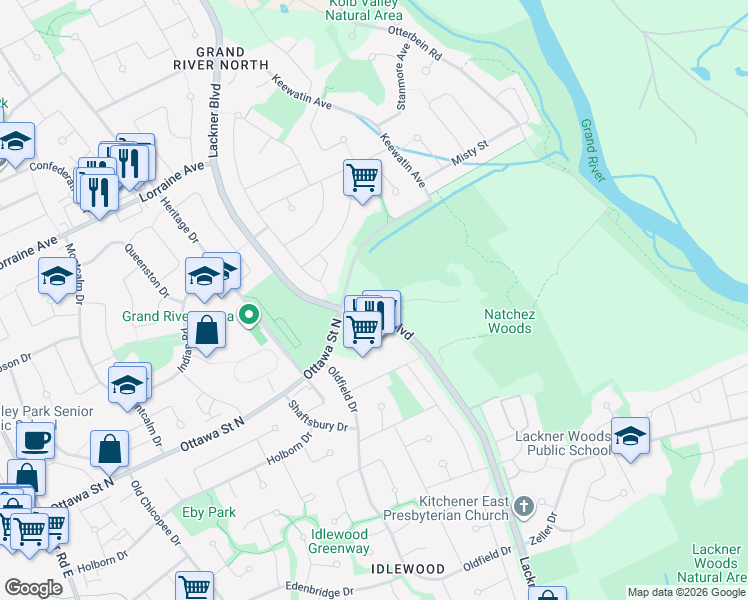 map of restaurants, bars, coffee shops, grocery stores, and more near 1000 Lackner Boulevard in Kitchener