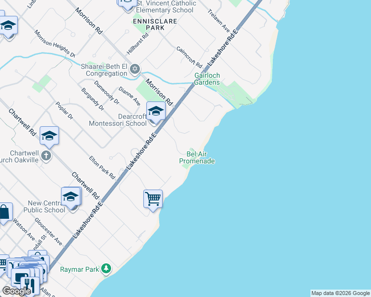 map of restaurants, bars, coffee shops, grocery stores, and more near 59 Bel Air Drive in Oakville