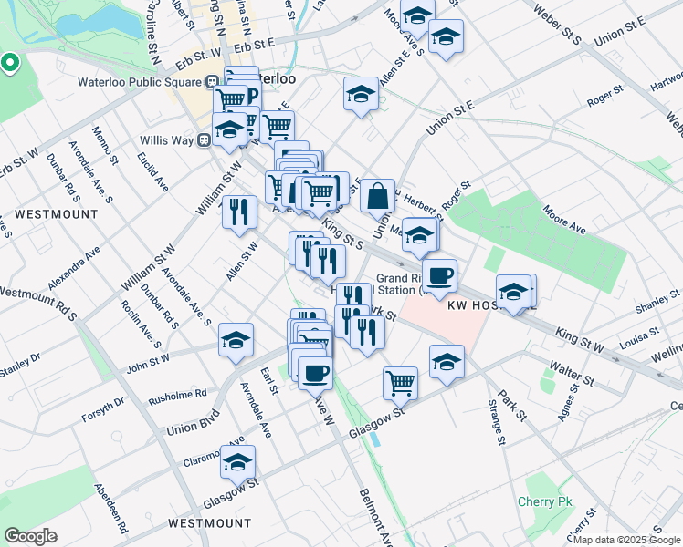 map of restaurants, bars, coffee shops, grocery stores, and more near 227 King Street South in Waterloo