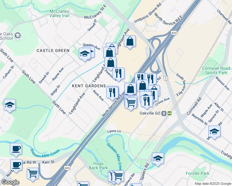 map of restaurants, bars, coffee shops, grocery stores, and more near 1031 Churchill Avenue in Oakville