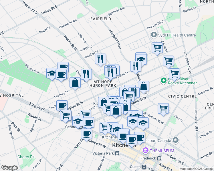map of restaurants, bars, coffee shops, grocery stores, and more near in Kitchener