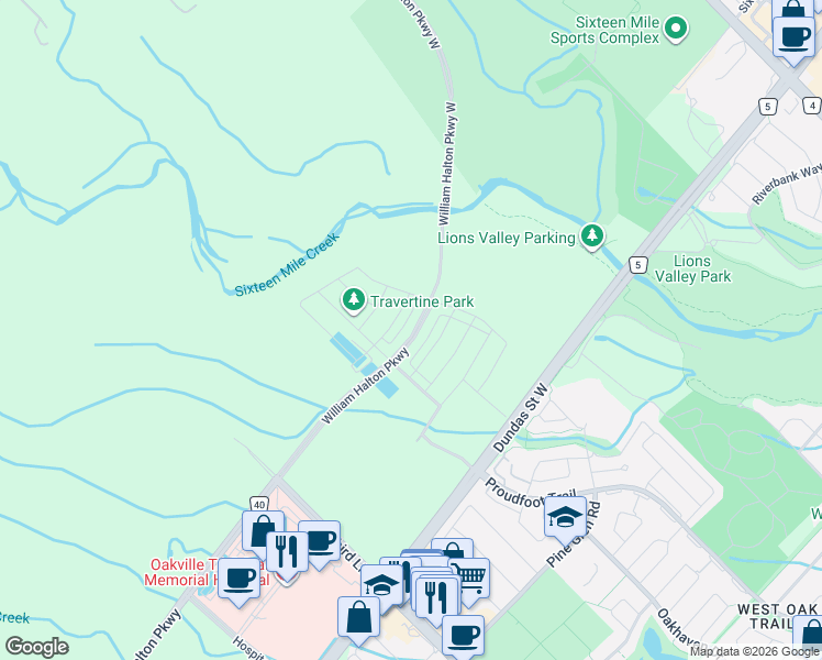 map of restaurants, bars, coffee shops, grocery stores, and more near 1359 William Halton Parkway in Oakville