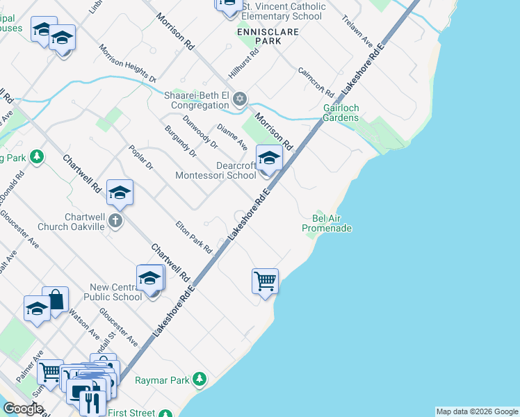 map of restaurants, bars, coffee shops, grocery stores, and more near 1124 Lakeshore Road East in Oakville