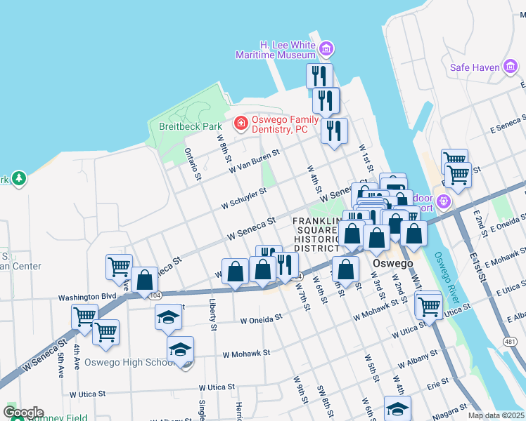 map of restaurants, bars, coffee shops, grocery stores, and more near 78 West 7th Street in Oswego