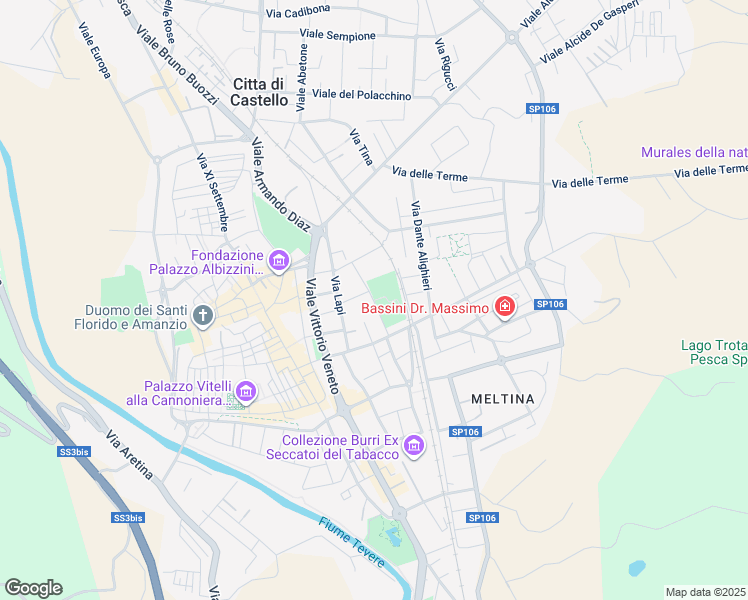 map of restaurants, bars, coffee shops, grocery stores, and more near Via Giacomo Leopardi in Città di Castello