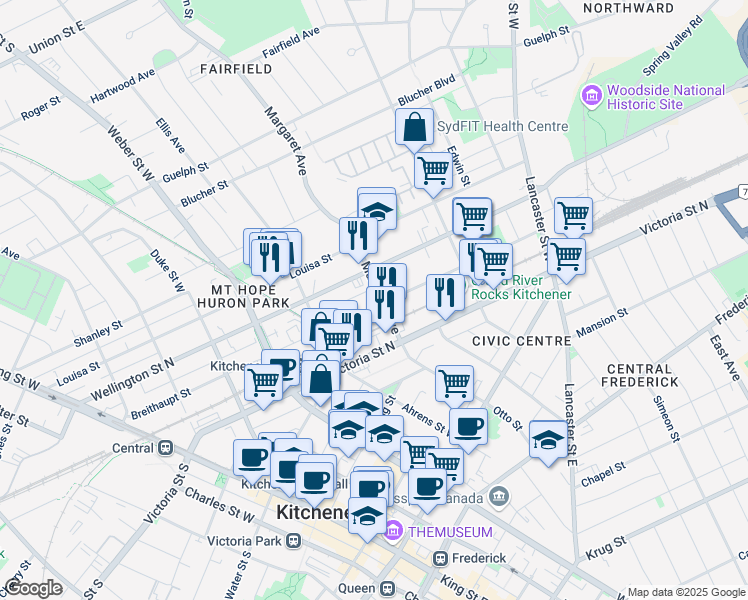 map of restaurants, bars, coffee shops, grocery stores, and more near 87 Margaret Avenue in Kitchener