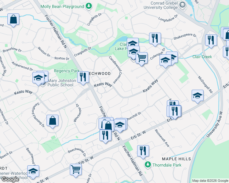 map of restaurants, bars, coffee shops, grocery stores, and more near in Waterloo