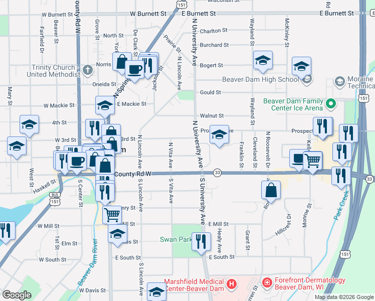 map of restaurants, bars, coffee shops, grocery stores, and more near 210 North University Avenue in Beaver Dam