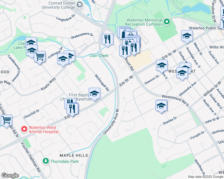 map of restaurants, bars, coffee shops, grocery stores, and more near 274 Erb Street West in Waterloo