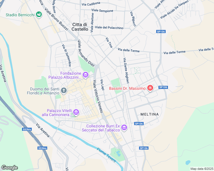 map of restaurants, bars, coffee shops, grocery stores, and more near Via Giacomo Leopardi in Città di Castello