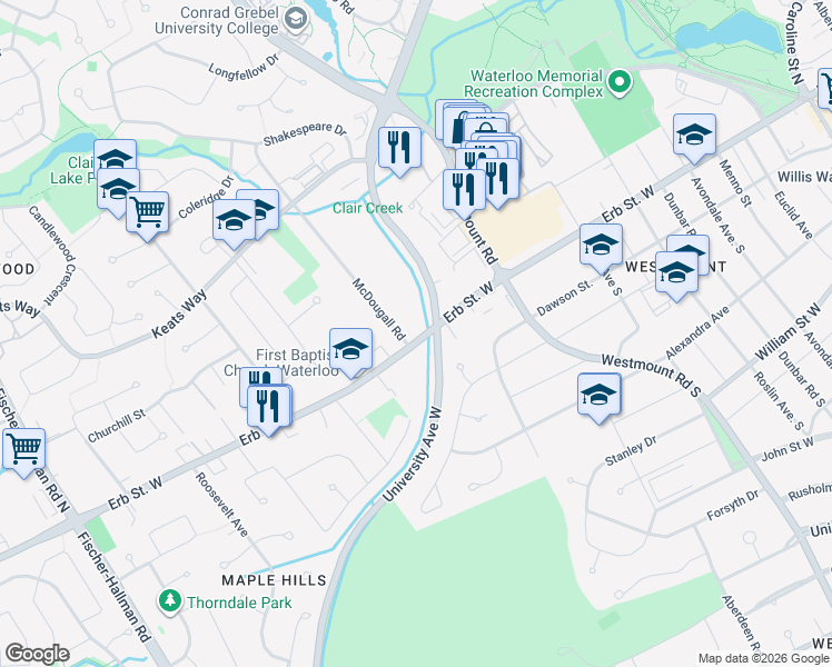 map of restaurants, bars, coffee shops, grocery stores, and more near 274 Erb Street West in Waterloo