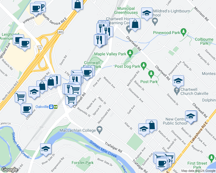 map of restaurants, bars, coffee shops, grocery stores, and more near 398 Maple Avenue in Oakville