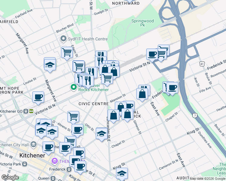 map of restaurants, bars, coffee shops, grocery stores, and more near 368 Luella Street in Kitchener