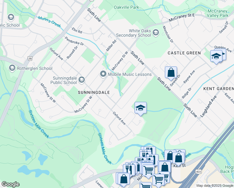 map of restaurants, bars, coffee shops, grocery stores, and more near 120 Ripley Court in Oakville