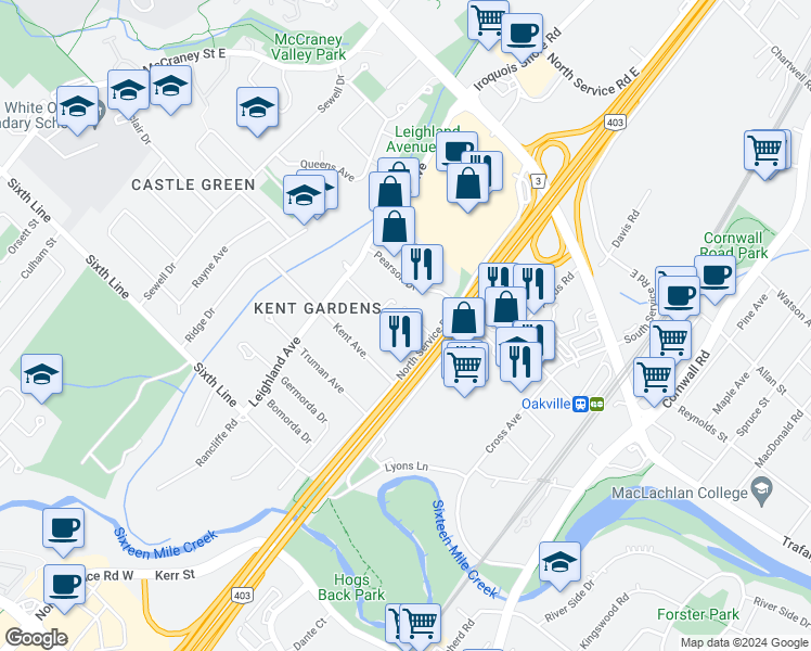 map of restaurants, bars, coffee shops, grocery stores, and more near 1031 Churchill Avenue in Oakville
