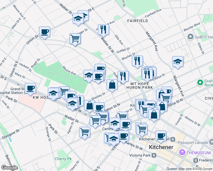 map of restaurants, bars, coffee shops, grocery stores, and more near 112 Waterloo Street in Kitchener