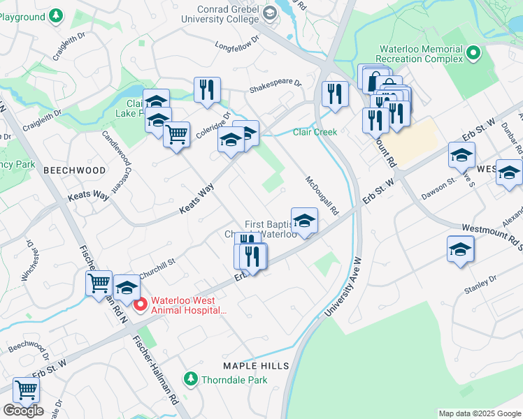 map of restaurants, bars, coffee shops, grocery stores, and more near 55 Karen Walk in Waterloo