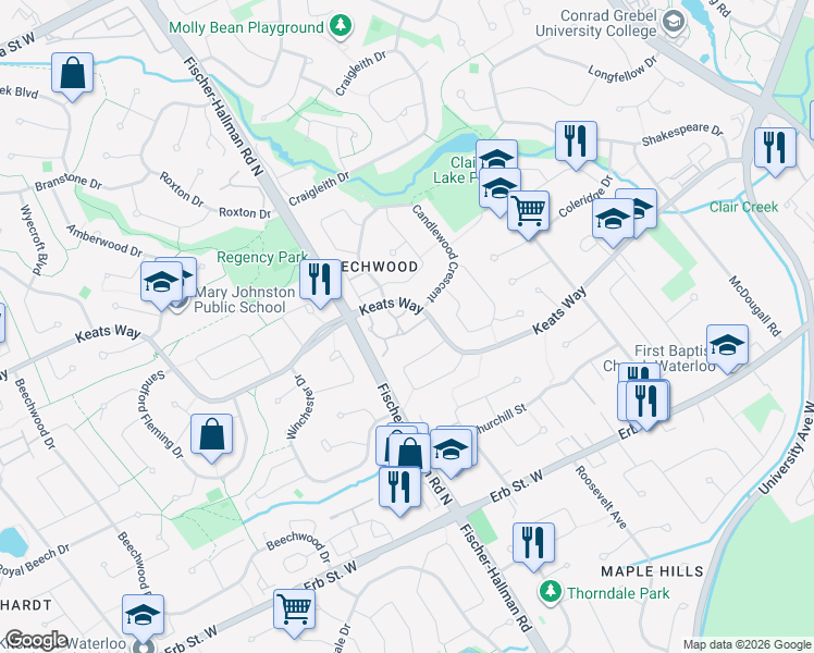 map of restaurants, bars, coffee shops, grocery stores, and more near 405 Keats Way in Waterloo