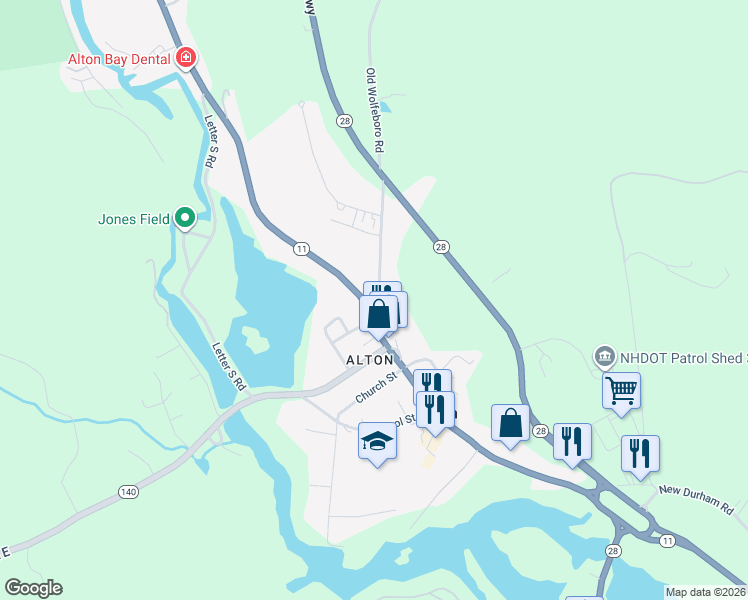 map of restaurants, bars, coffee shops, grocery stores, and more near 150 Main Street in Alton