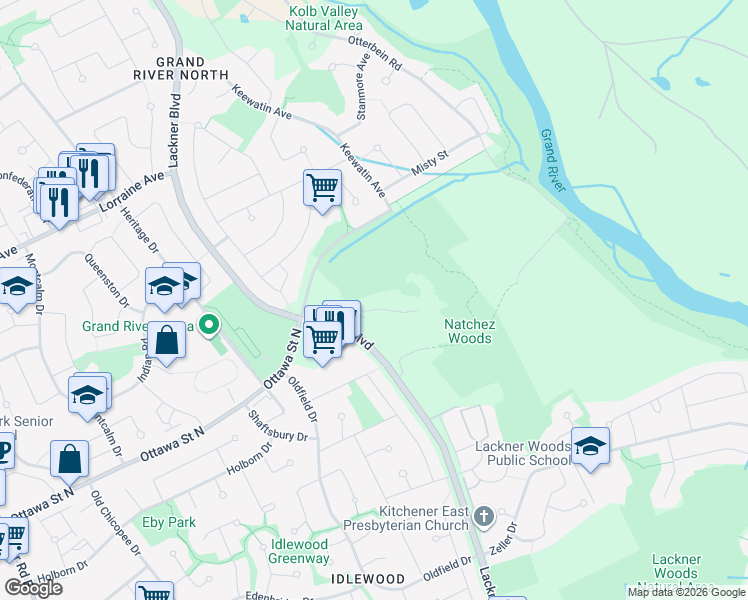 map of restaurants, bars, coffee shops, grocery stores, and more near 1000 Lackner Boulevard in Kitchener