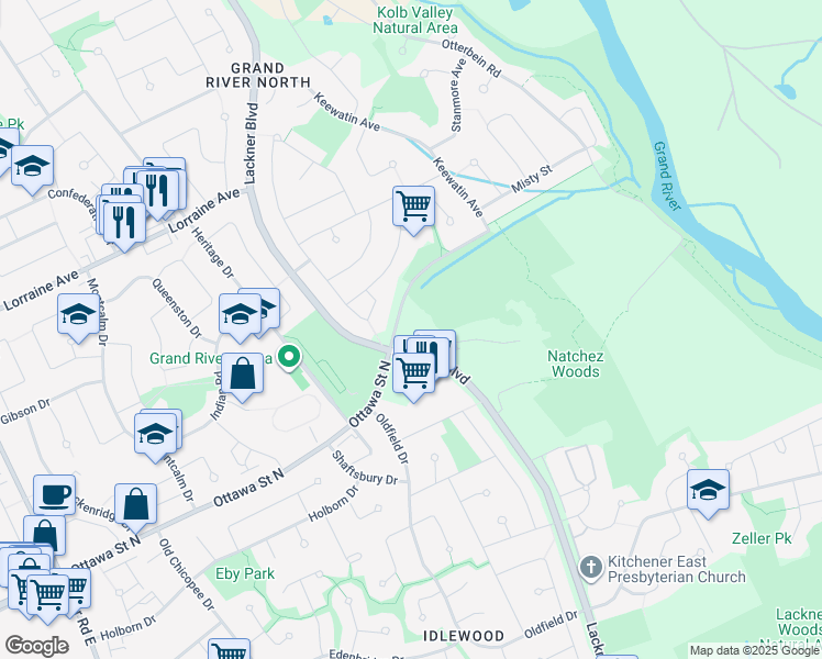 map of restaurants, bars, coffee shops, grocery stores, and more near 1505 Ottawa Street North in Kitchener