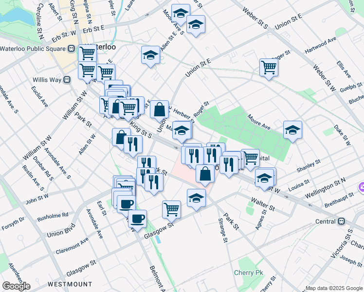 map of restaurants, bars, coffee shops, grocery stores, and more near 936 King Street West in Kitchener