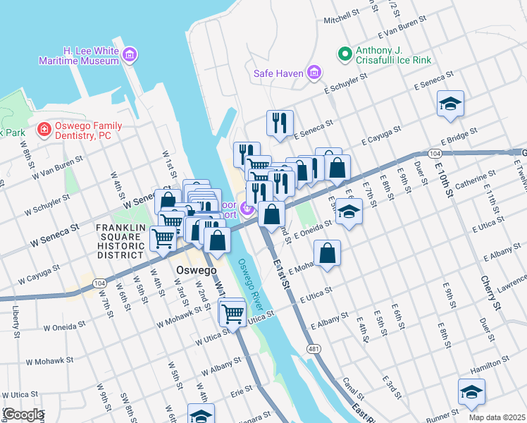 map of restaurants, bars, coffee shops, grocery stores, and more near 91 East 1st Street in Oswego