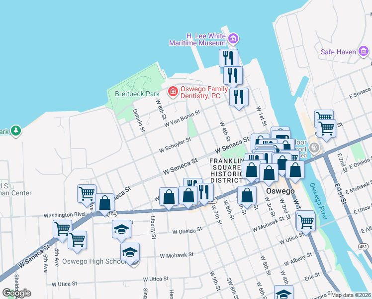 map of restaurants, bars, coffee shops, grocery stores, and more near 72 West 7th Street in Oswego