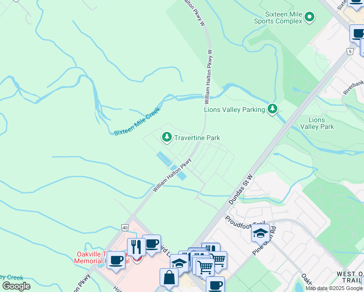 map of restaurants, bars, coffee shops, grocery stores, and more near Unnamed Road in Oakville