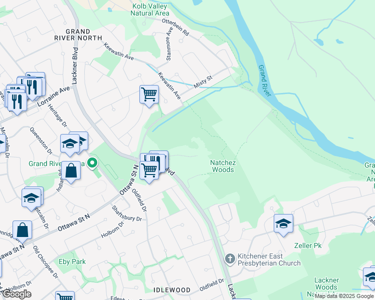 map of restaurants, bars, coffee shops, grocery stores, and more near 128 Ebydale Drive in Kitchener