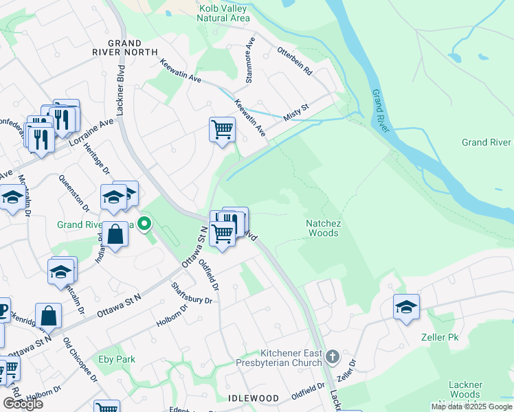 map of restaurants, bars, coffee shops, grocery stores, and more near 72-80 Lackner Boulevard in Kitchener