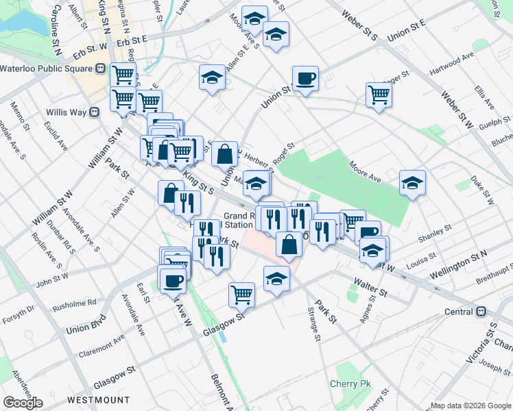map of restaurants, bars, coffee shops, grocery stores, and more near 23 Dodds Lane in Kitchener