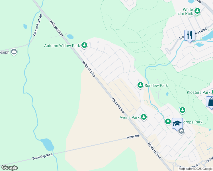 map of restaurants, bars, coffee shops, grocery stores, and more near 608 Mayapple Street in Waterloo