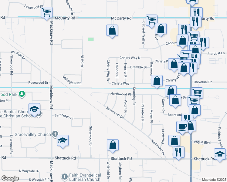 map of restaurants, bars, coffee shops, grocery stores, and more near 3552 Northwood Place in Saginaw