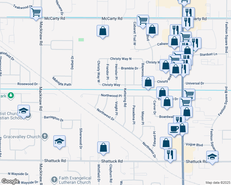 map of restaurants, bars, coffee shops, grocery stores, and more near 3460 Northwood Place in Saginaw